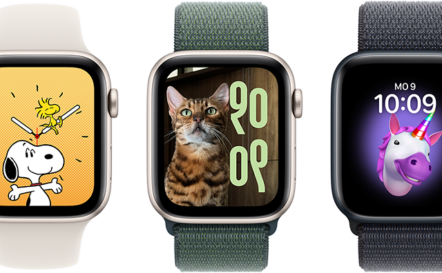 Zifferblatt Optionen, inklusive Memoji, Fotos, Porträts und Snoopy, auf sechs Apple Watch Geräten